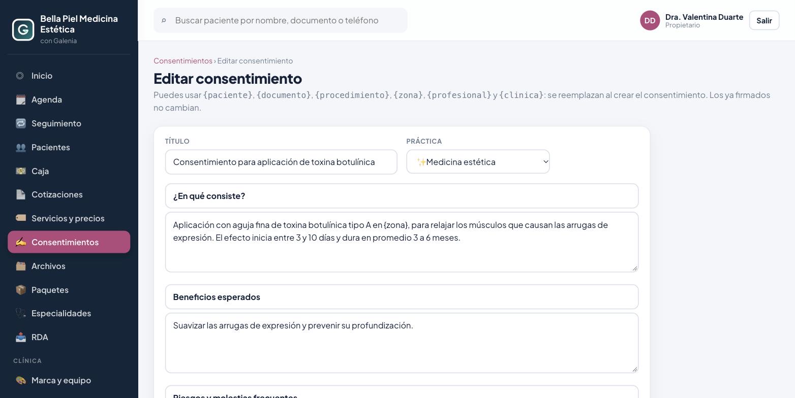 Editar el texto de un consentimiento informado en Galenia
