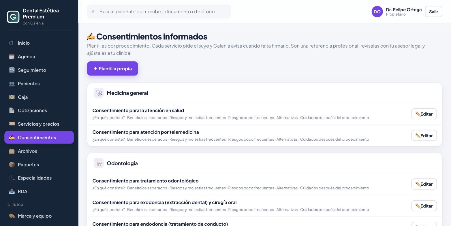 Plantillas de consentimientos informados por especialidad en Galenia