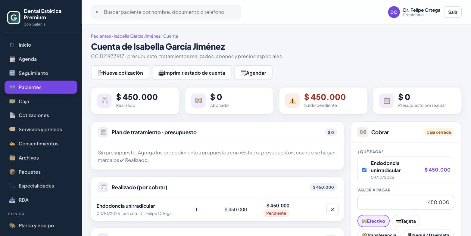 Cuenta del paciente con cobro y saldo pendiente en Galenia