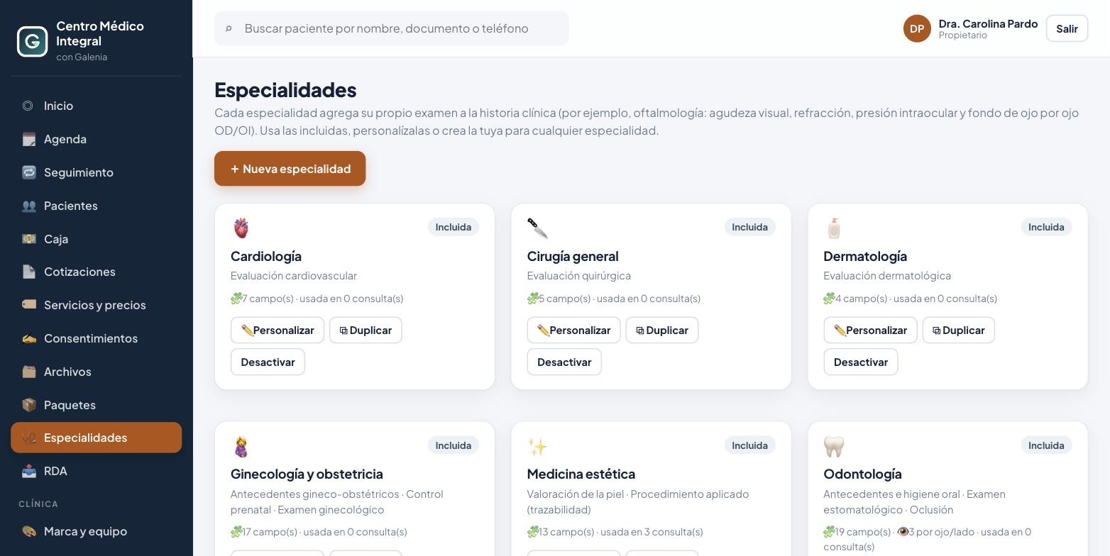 Especialidades personalizables: cardiología, cirugía, dermatología, ginecología y más en Galenia