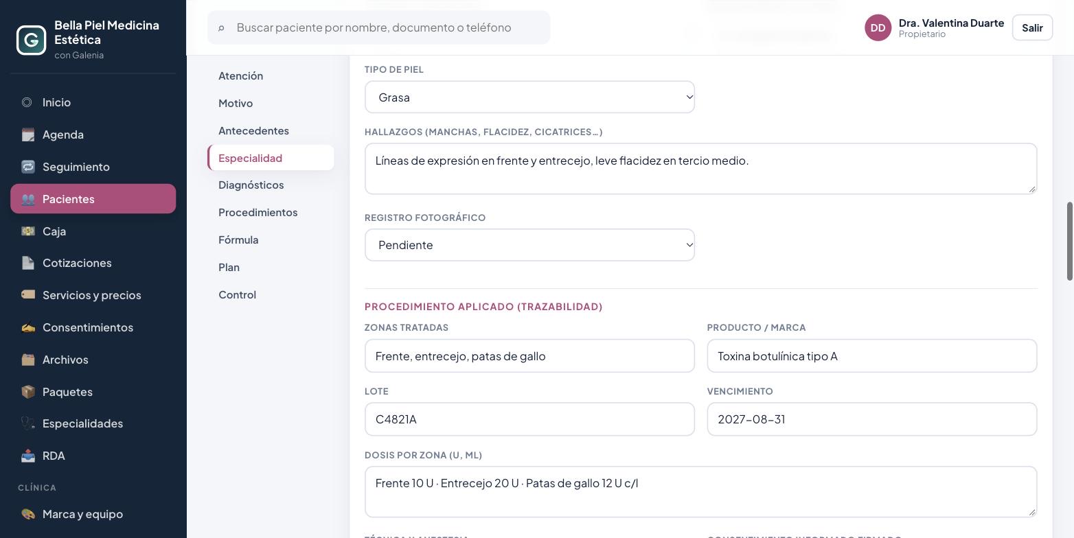 Consulta de medicina estética con trazabilidad de producto y lote en Galenia