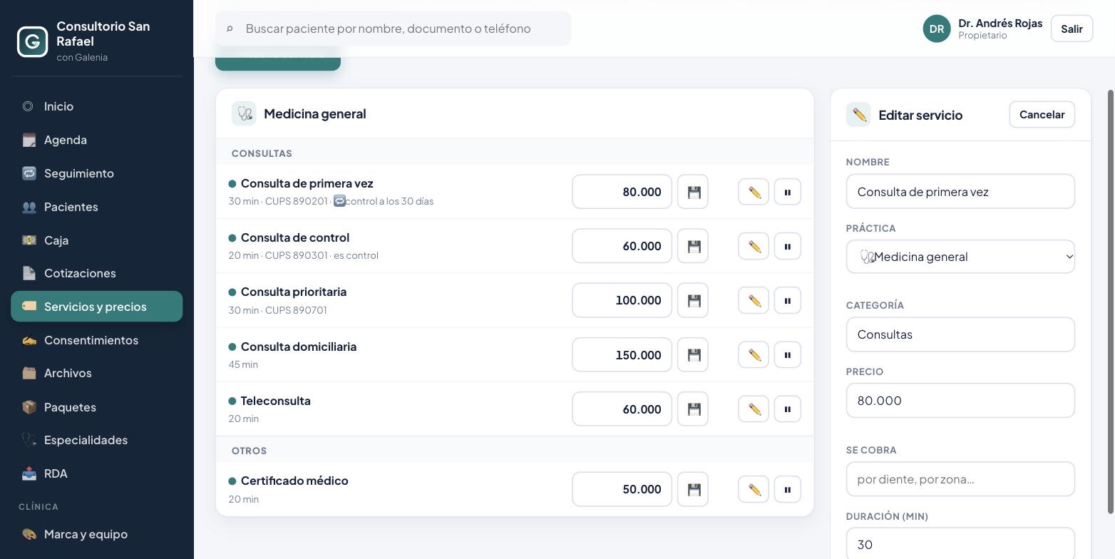 Editar un servicio: nombre, categoría, precio y duración en Galenia