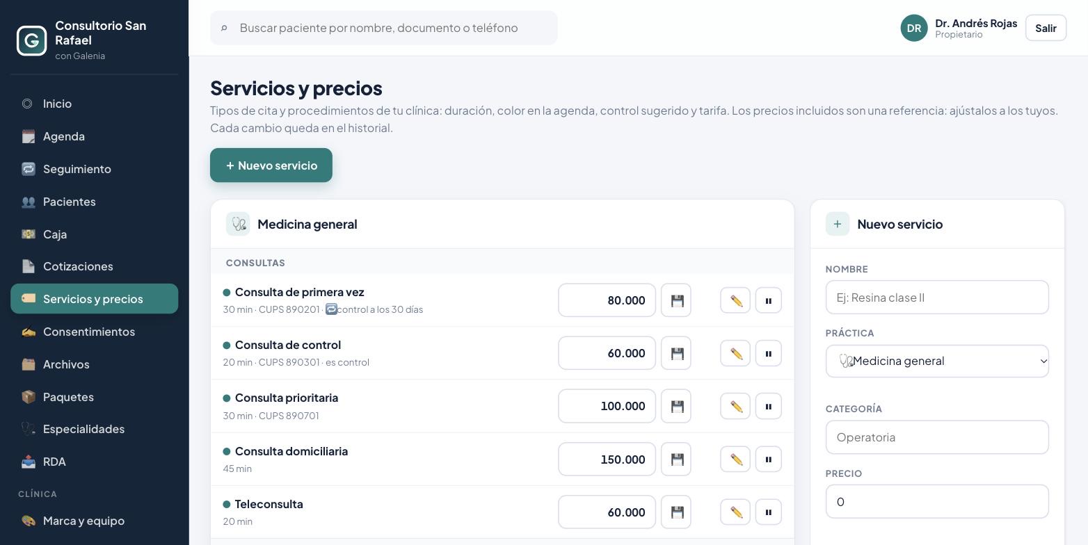 Servicios y precios: procedimientos con precio editable en Galenia